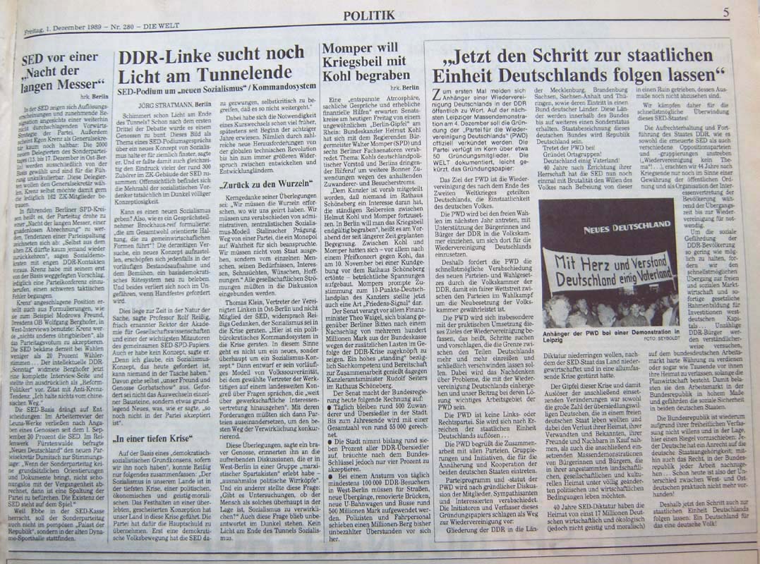Die Welt Nr. 280, Zeitung, 1. Dezember 1989, Politik, Seite  5, PWD, Partei f�r die Wiedervereinigung Deutschlands